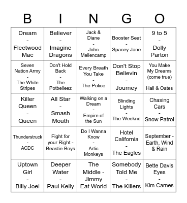 Music Bingo Round #1 Bingo Card