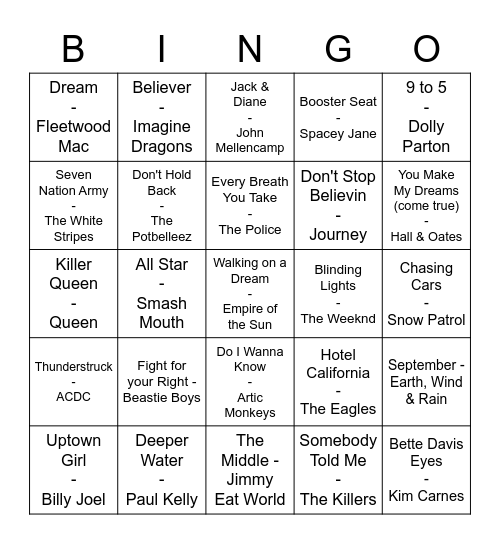 Music Bingo Round #1 Bingo Card