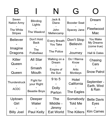 Music Bingo Round #1 Bingo Card