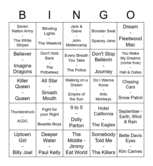 Music Bingo Round #1 Bingo Card