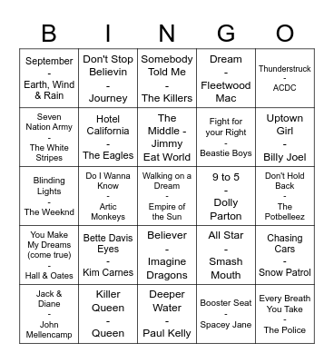 Music Bingo Round #1 Bingo Card