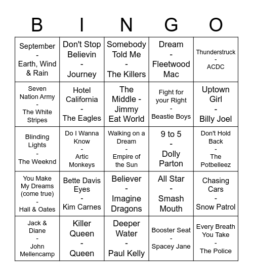 Music Bingo Round #1 Bingo Card