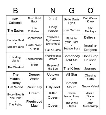 Music Bingo Round #1 Bingo Card