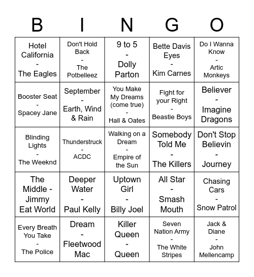 Music Bingo Round #1 Bingo Card