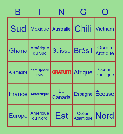 Les Continents Bingo Card