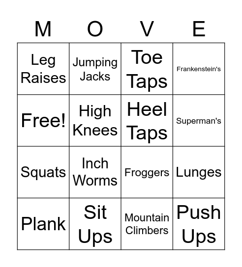 Fitness Bingo Card