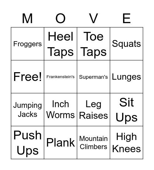 Fitness Bingo Card