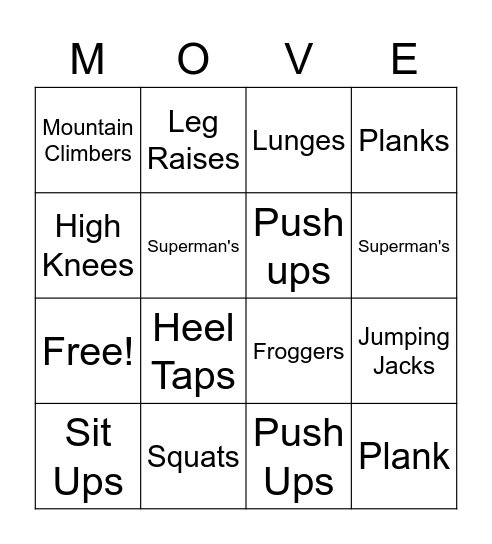 Fitness Bingo Card