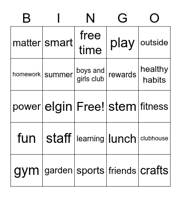 Boys and Girls Club Bingo Card