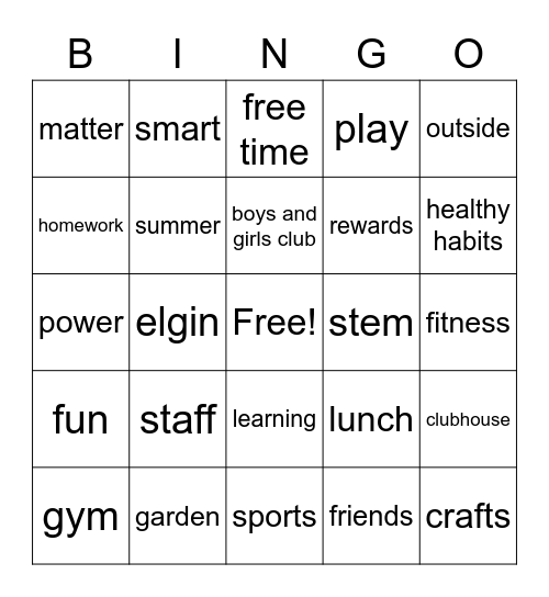 Boys and Girls Club Bingo Card