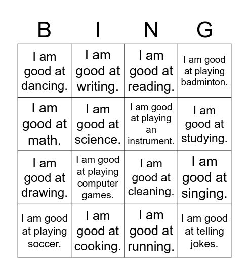 What Are You Good At? Bingo Card