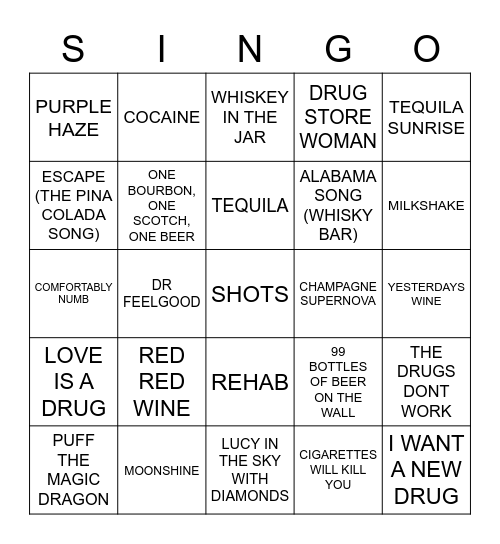 657 SONGS WITH DRINKS & DRUGS Bingo Card