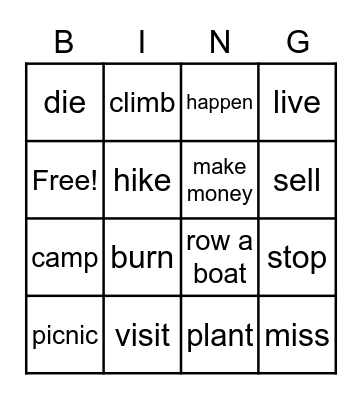 Unit 5 Verb Vocabulary Bingo Card