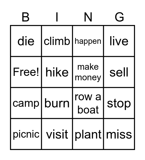 Unit 5 Verb Vocabulary Bingo Card