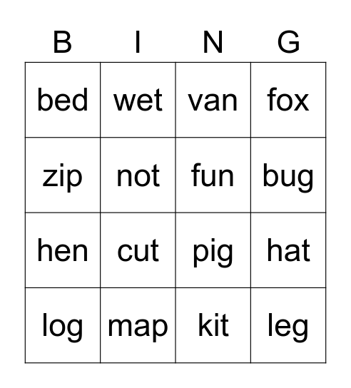 CVC words Bingo Card