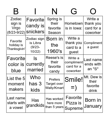 Getting to know your coworkers BINGO Card