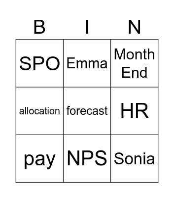 FBP Team Call Bingo Card