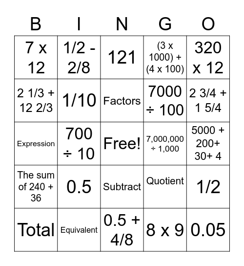 4th Grade Standards Bingo Card