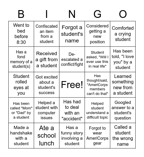 HCV AmeriCorps Bingo Card