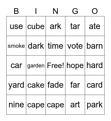 ar / silent e Bingo Card