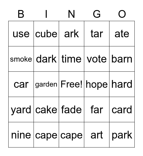 ar / silent e Bingo Card