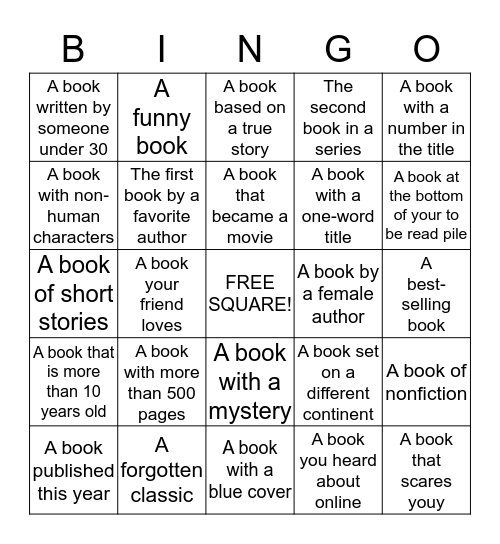 R E A D I N G Bingo Card