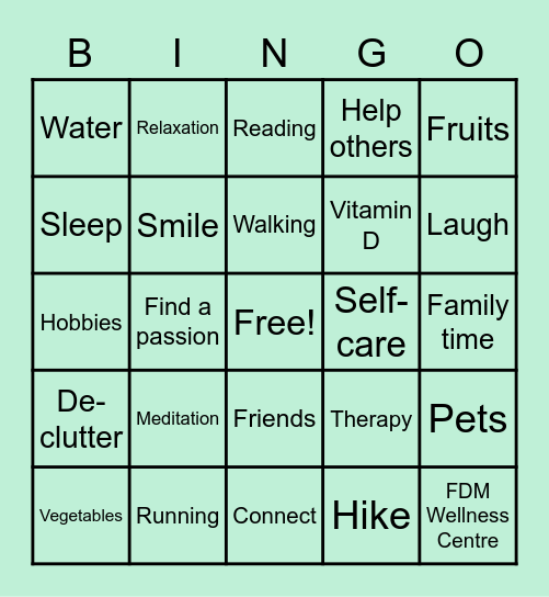 FDM Wellbeing Bingo Card