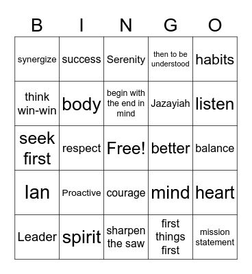 Leader in Me Bingo Card