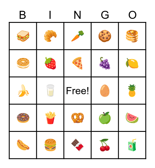 foods Bingo Card