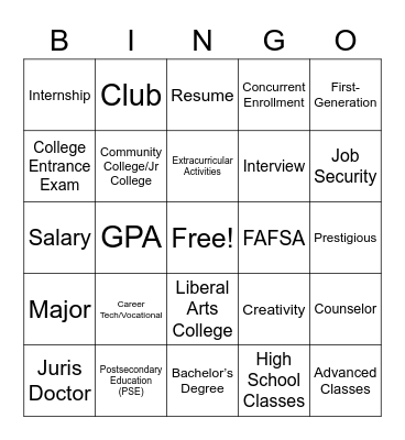 POSTSECONDARY EDUCATION BINGO Card