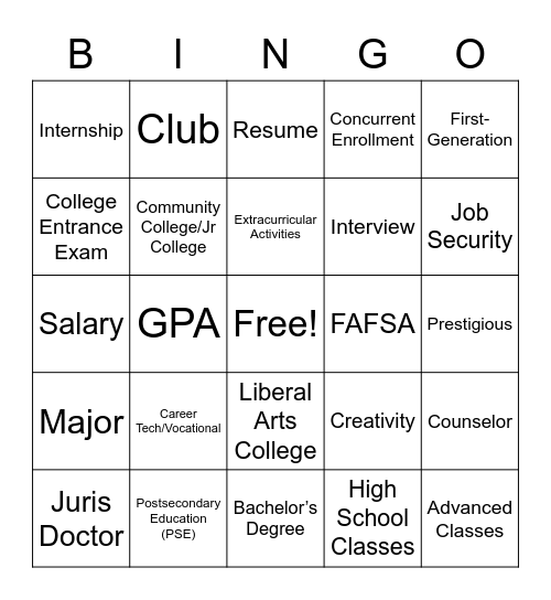 POSTSECONDARY EDUCATION BINGO Card