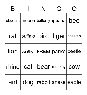 Animals Bingo Card