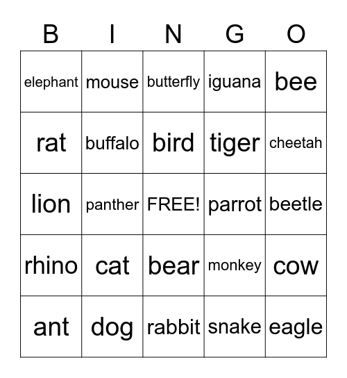 Animals Bingo Card