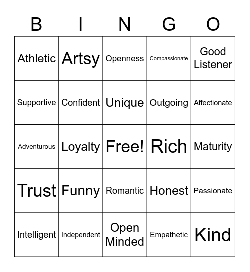 Relationship Bingo Card