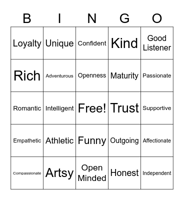 Relationship Bingo Card