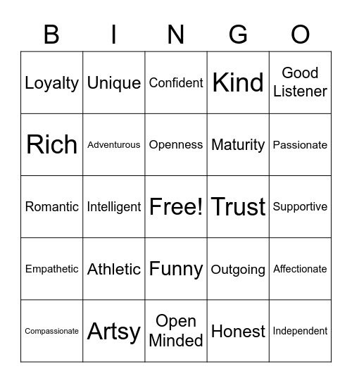 Relationship Bingo Card