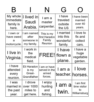 Haradon Family Bingo Card