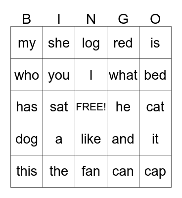 Kindergarten Bingo Card