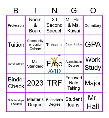 AVID Bingo Card