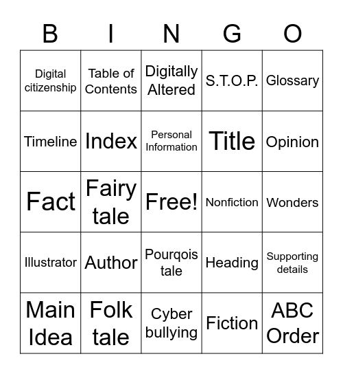 Third grade library bingo Card