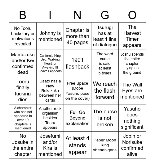 JoJo Stands Bingo Card