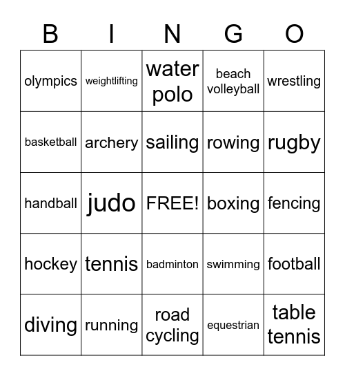 Olympics Bingo Card