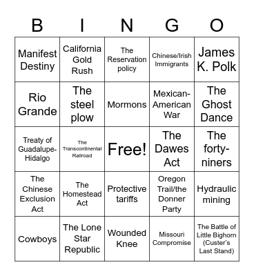 U.S. Expansion and the Settling of the Frontier Bingo Card