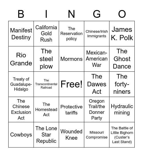 U.S. Expansion and the Settling of the Frontier Bingo Card