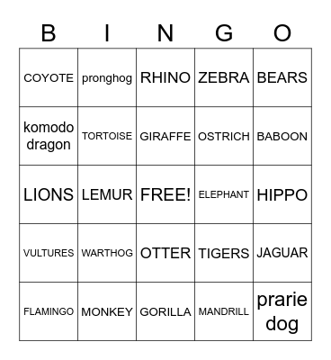 ZOO ANIMALS  Bingo Card