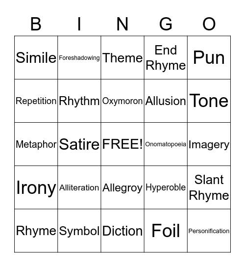 LITERARY TERMS & DEVICES Bingo Card