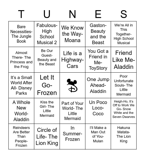 Disney Name That Tune! Bingo Card