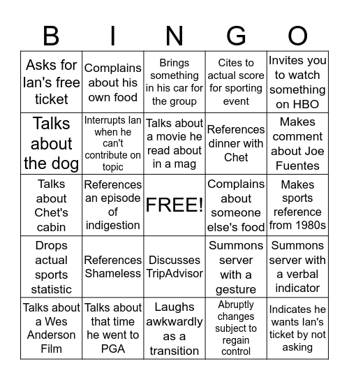 Things Phil Does at Brunch Bingo Card