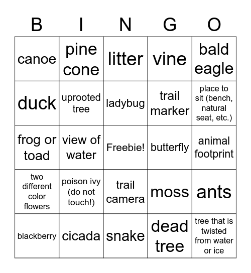 Crow's Nest Hiking Bingo Card