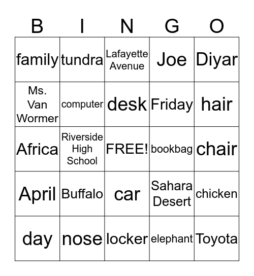 Nouns Bingo Card